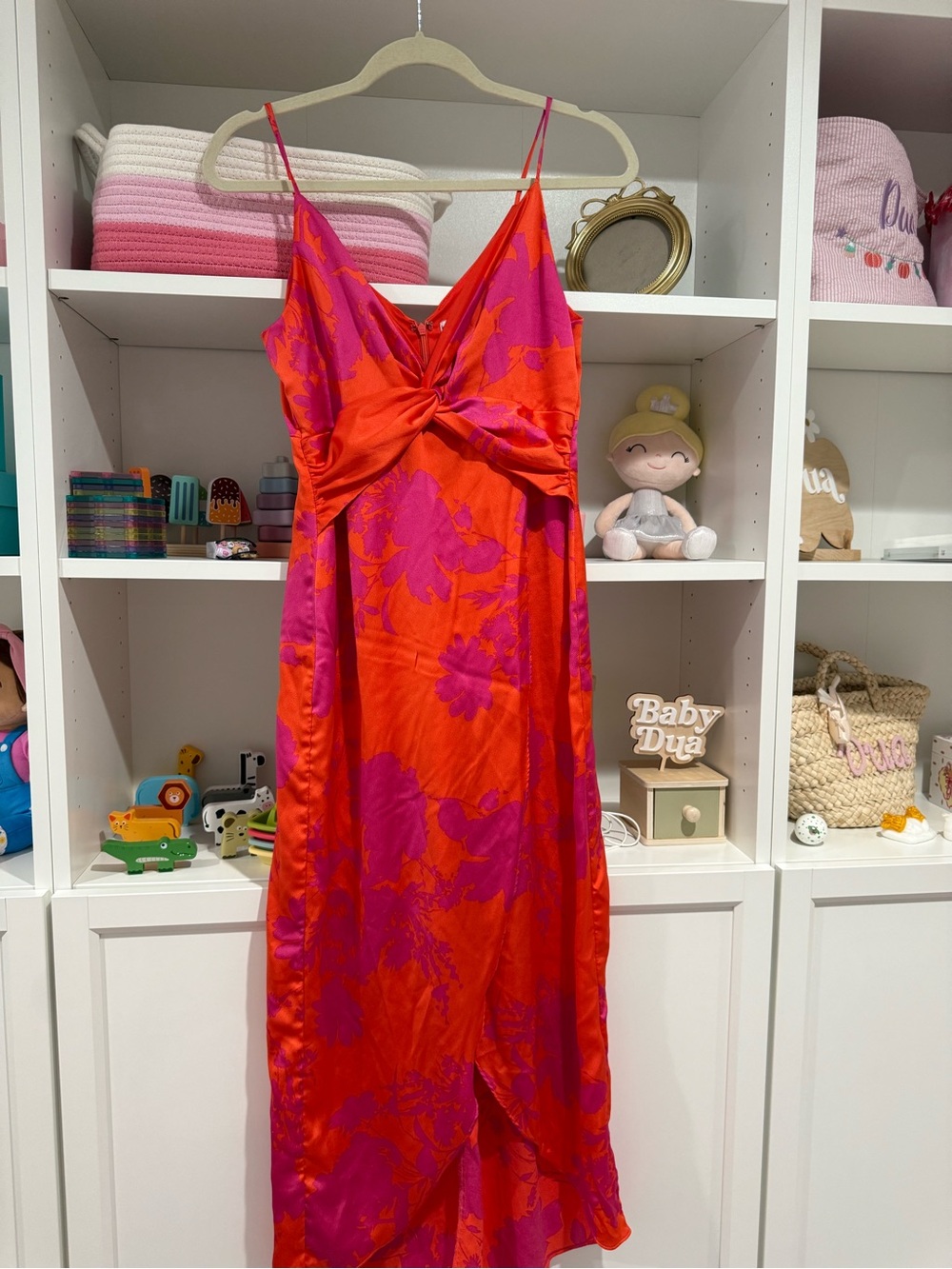 Bar III Red and Pink Floral Twist-Front Midi Slip Dress